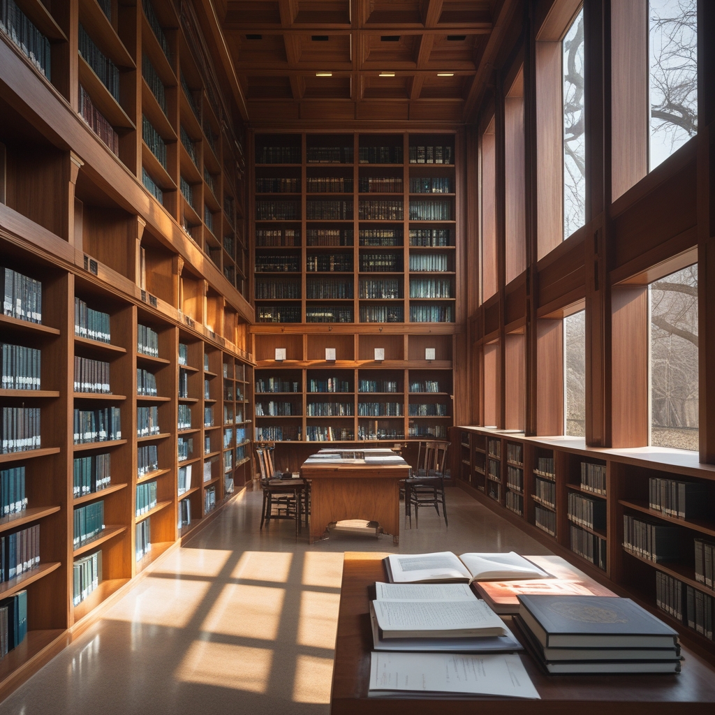 Sunlit research library interior with tall wooden bookshelves filled with academic volumes, a reading table with open books and scattered papers, warm afternoon light streaming through tall windows