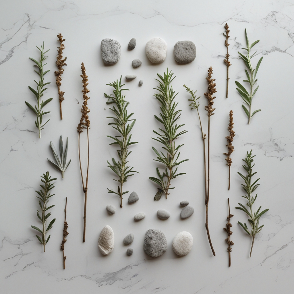 Minimalist flat lay of botanical elements including dried rosemary sprigs, sage leaves, and small stones arranged symmetrically on a clean white marble surface with precise natural lighting