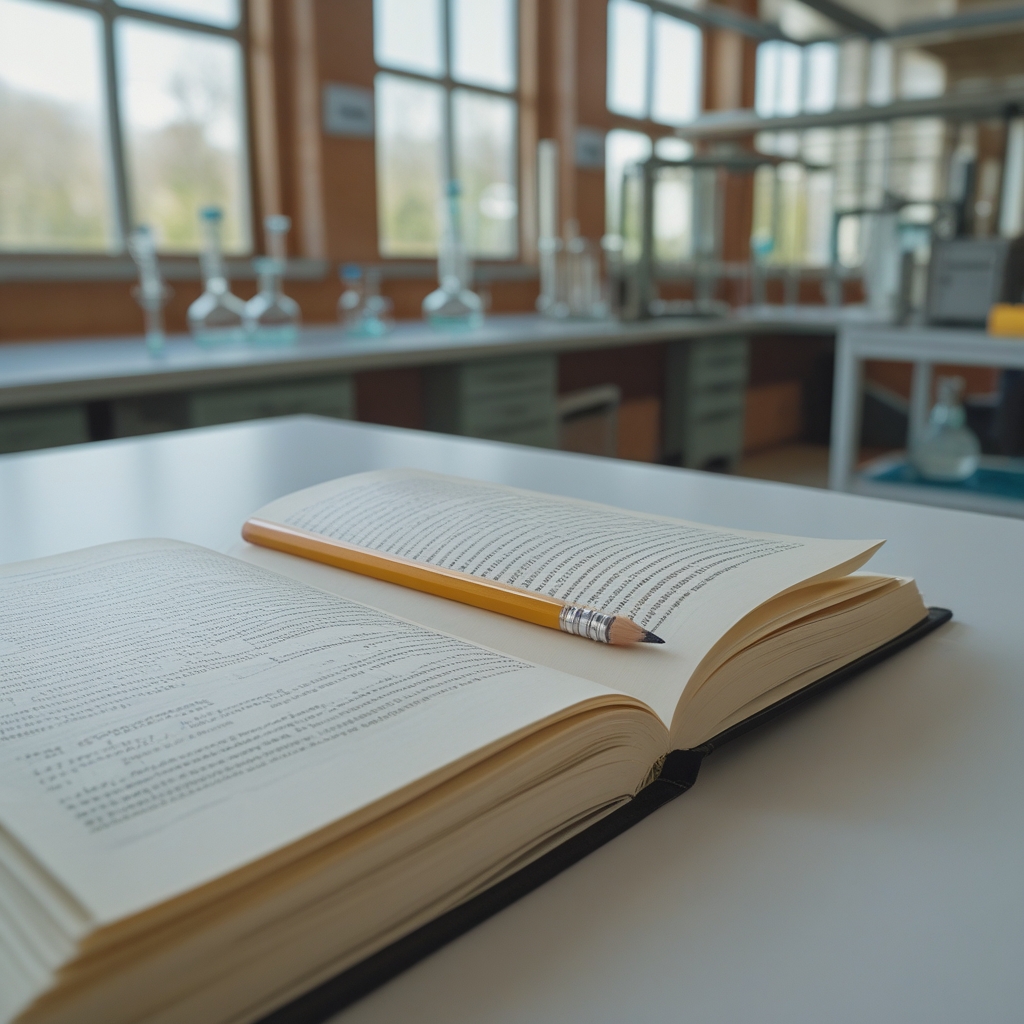 Close-up of an open scientific journal with dense academic text, a pencil resting on the page, and a shallow-focus background of a laboratory bench with glass equipment