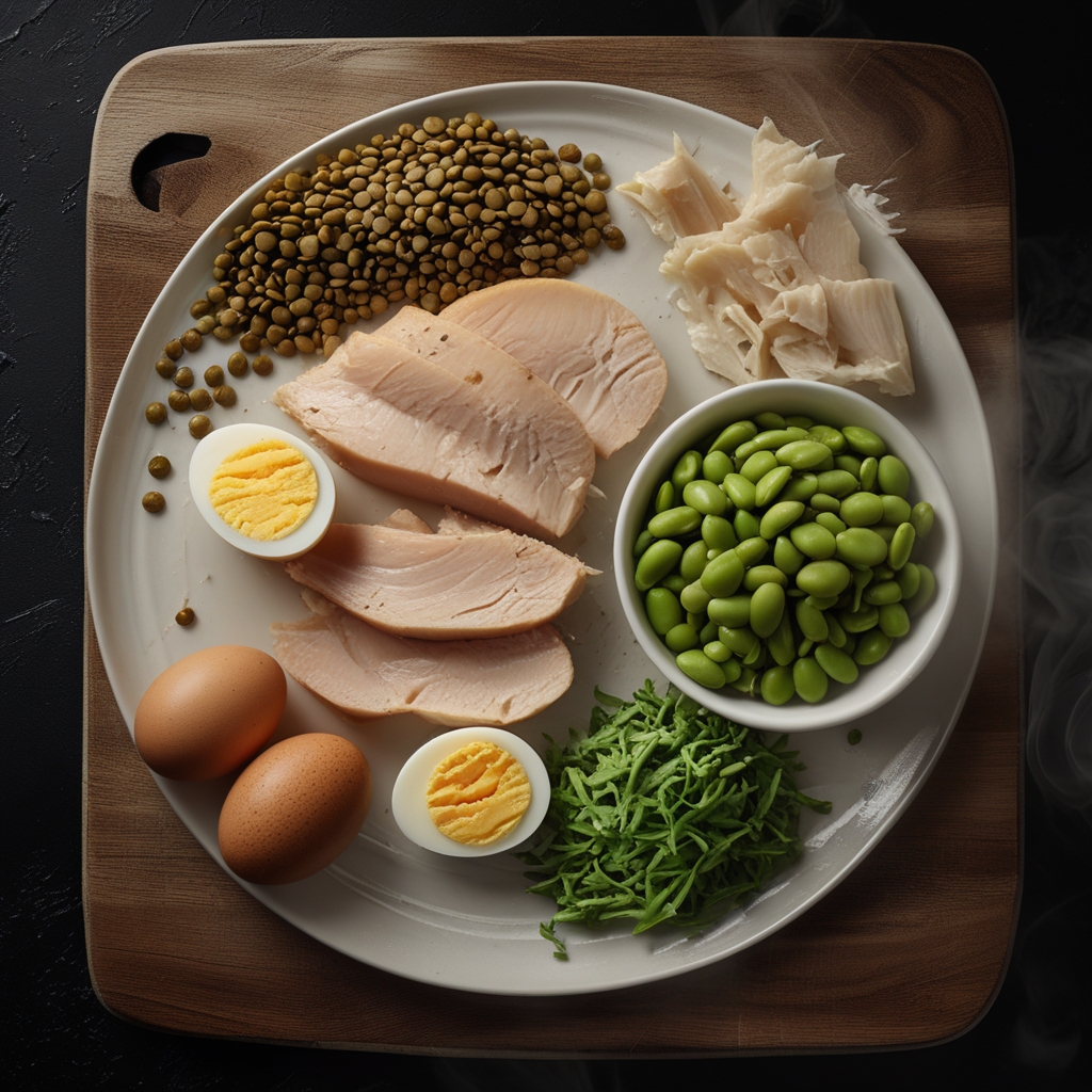 High-protein natural food ingredients including sliced chicken breast, boiled eggs, cooked lentils and edamame beans arranged in clean portions on a wooden cutting board
