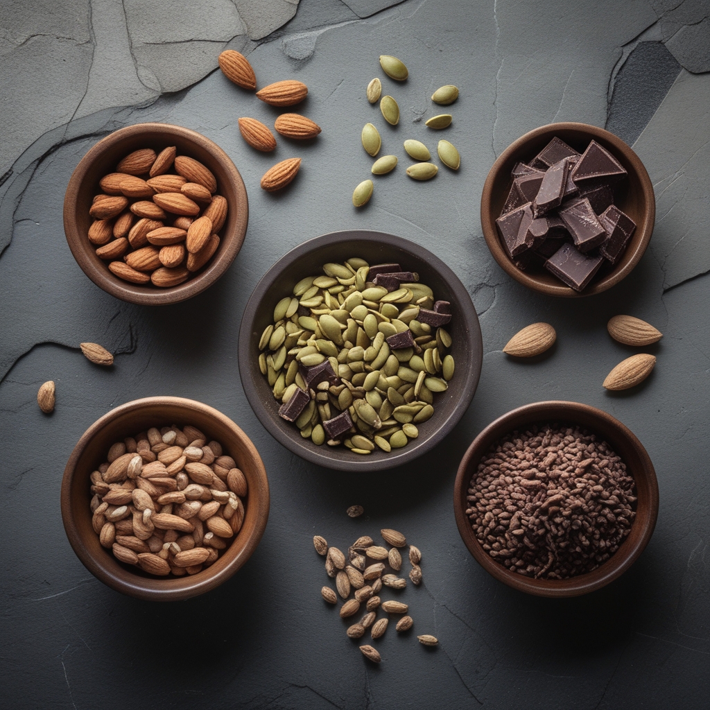 Assorted mineral-dense foods including raw almonds, pumpkin seeds, dark chocolate pieces, and dried legumes displayed in small wooden bowls on a neutral stone background
