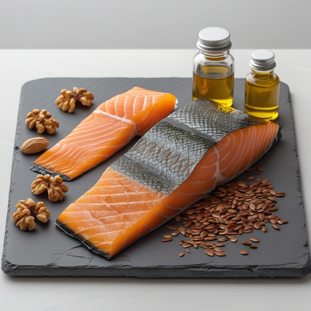 Whole and sliced fresh salmon fillet alongside walnuts, flaxseeds, and a small glass bottle of golden flaxseed oil on a clean slate surface with soft natural daylight